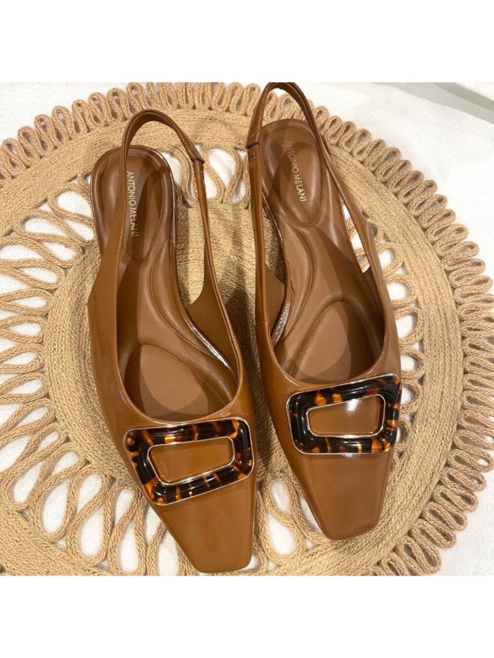 Antonio Melani Cognac Leather Slingback Flats Tortoiseshell Size 9 Classic - Picture 3 of 11